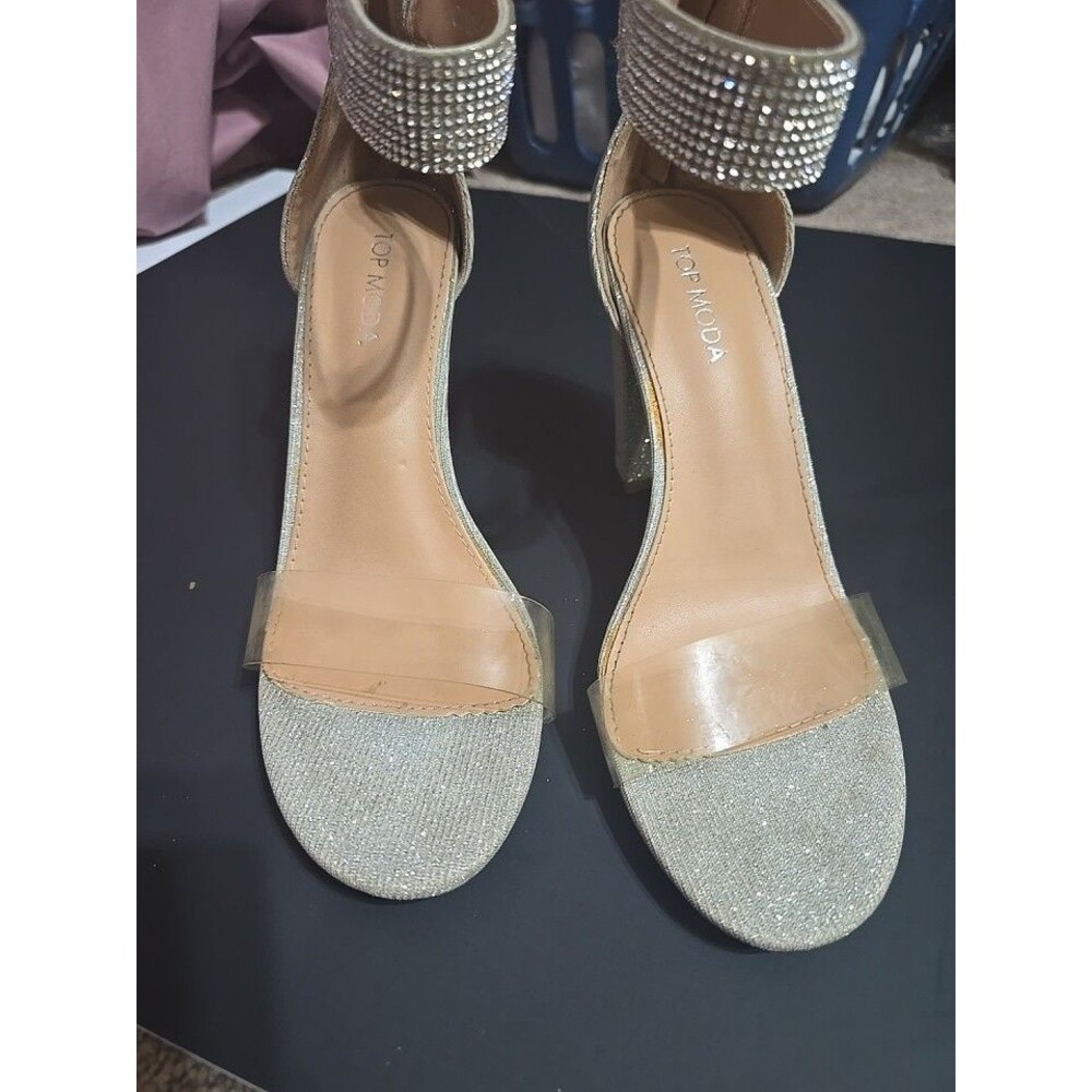 Top Moda Rhinestone Clear Strap Heels Silver Glitter Open Toe Sandals 8.5
